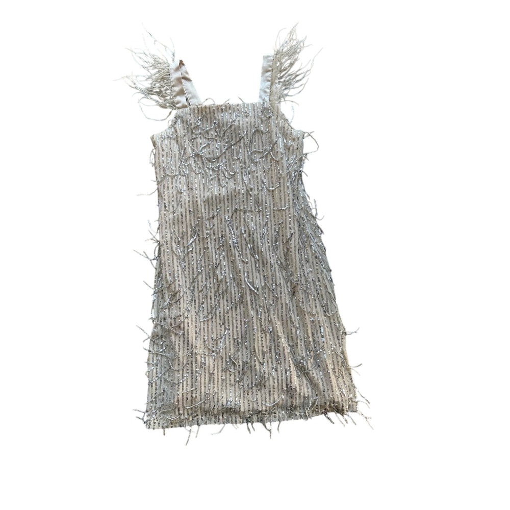 Xtraordinary Girls Sequin Fringe Feather Strap Party Dress Champagne Silver 14